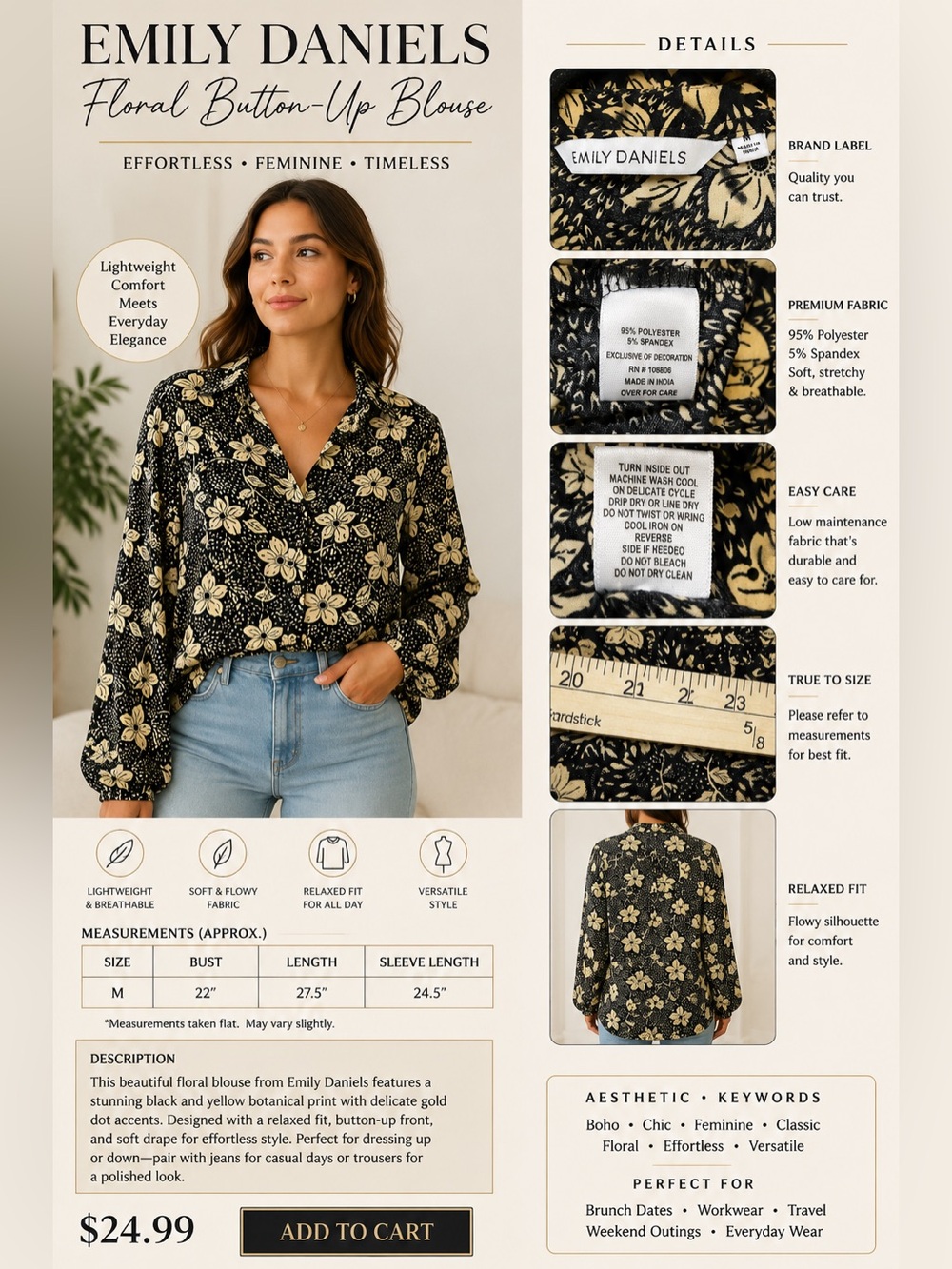 Floral Button-Front Blouse - Black & Yellow